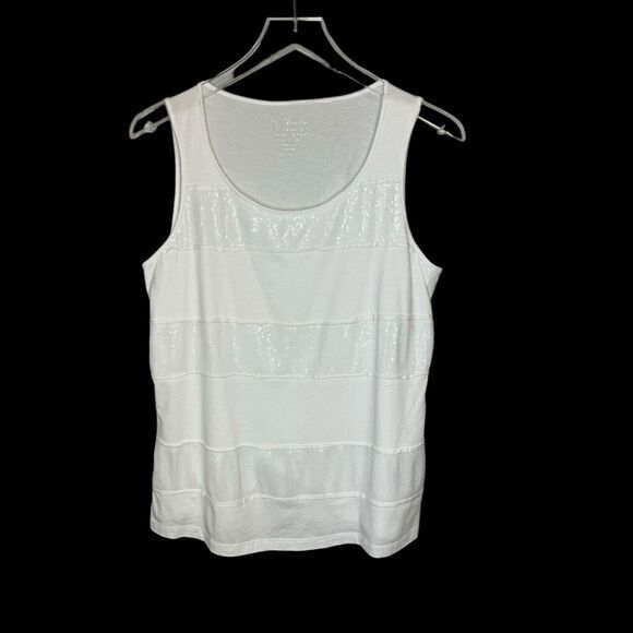 CHICOS Size 2 US L Sequin Trim Tank Top All White Stripes‎ with Clear Sequins - Picture 1 of 6